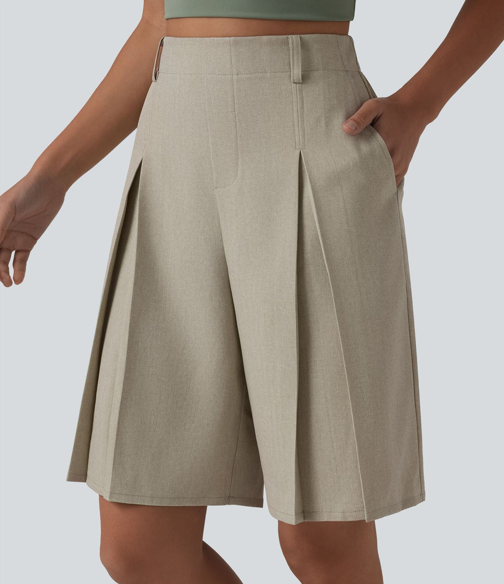 Bermuda ample infroissable taille haute plissé aspect lin avec fermeture éclair invisible et poches