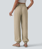 Jogging casual large ample taille haute aspect lin à cordon de serrage avec poches