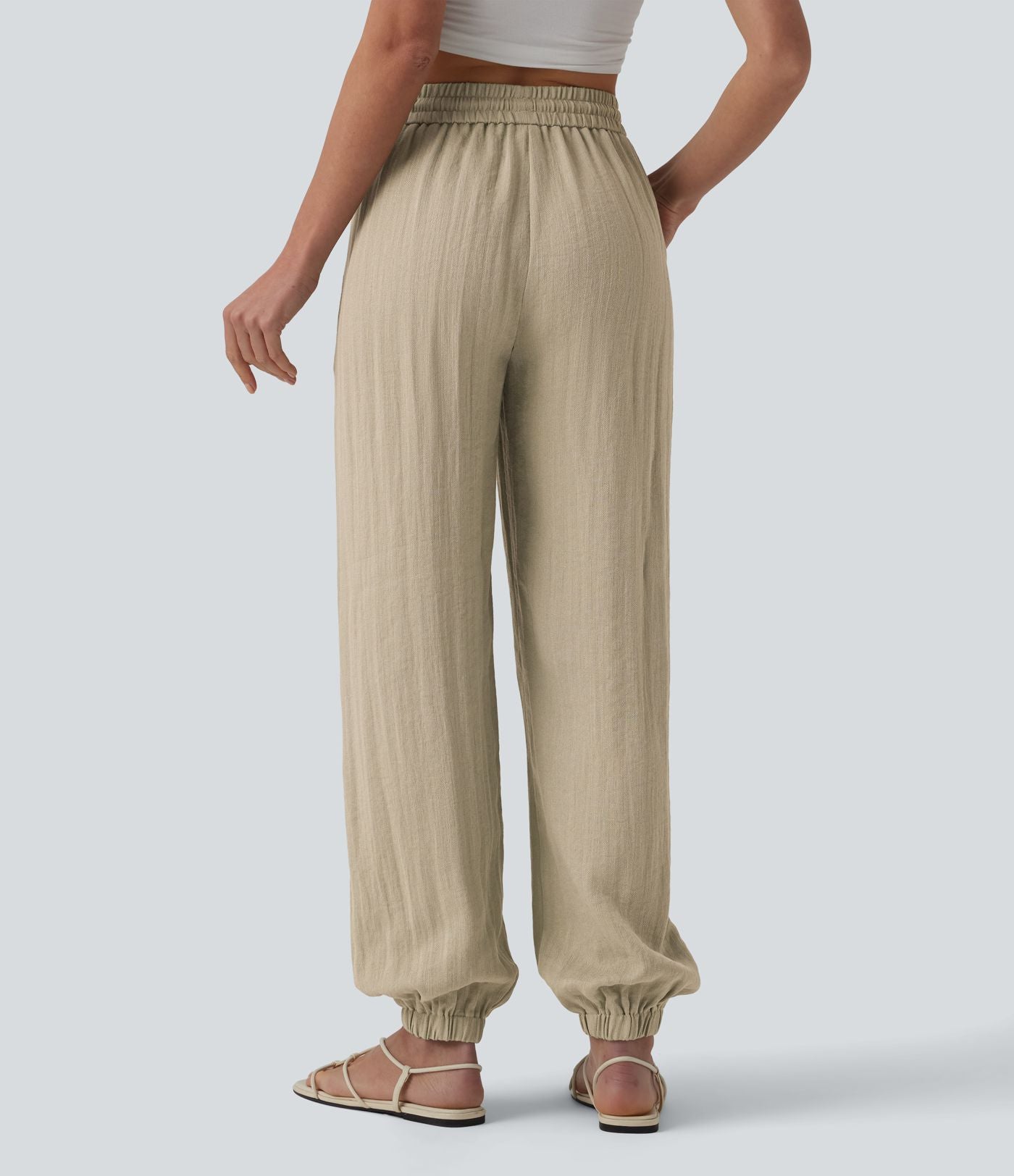 Jogging casual large ample taille haute aspect lin à cordon de serrage avec poches