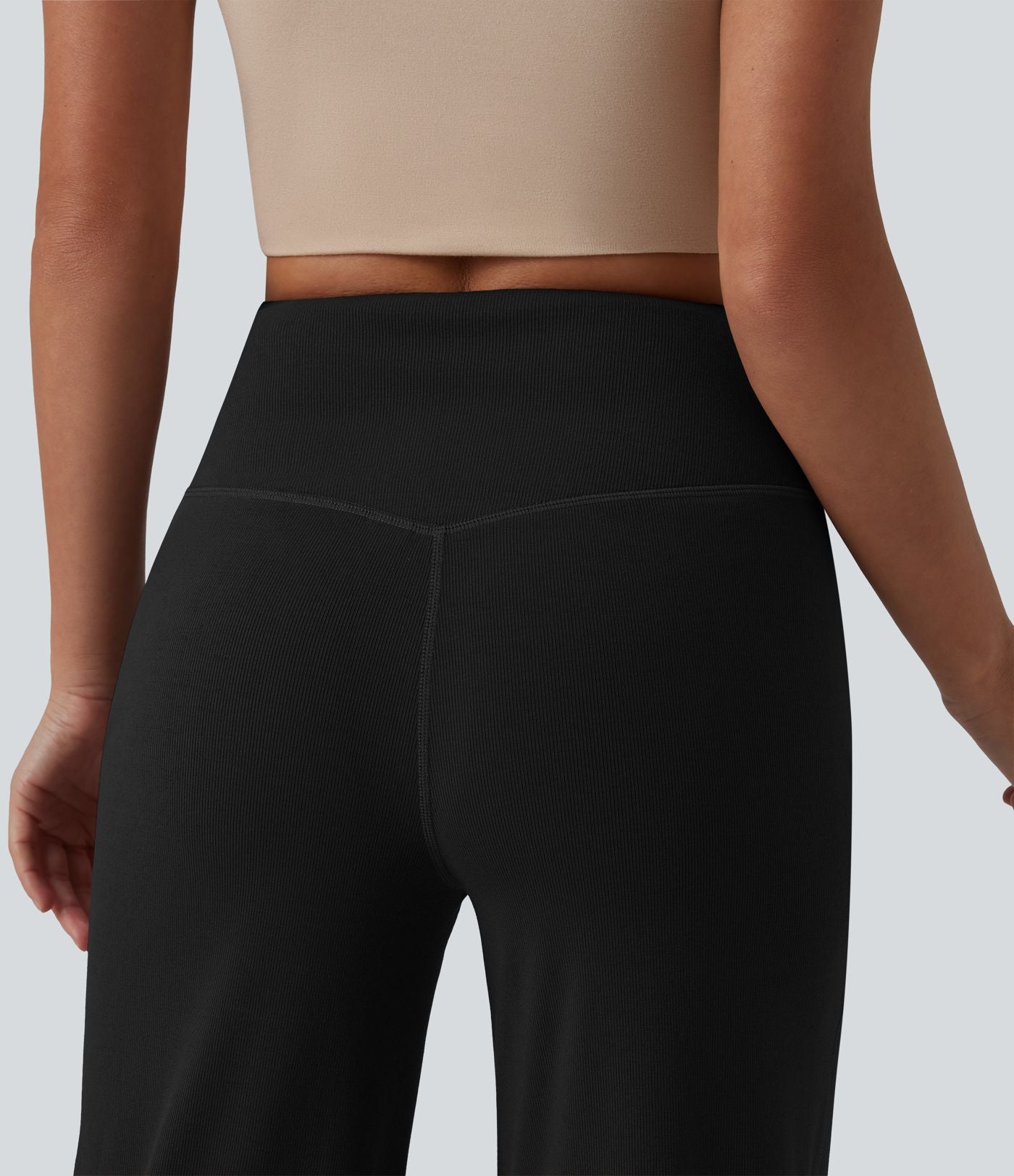 Pantalon large décontracté taille haute ventre plat en maille côtelée avec poches