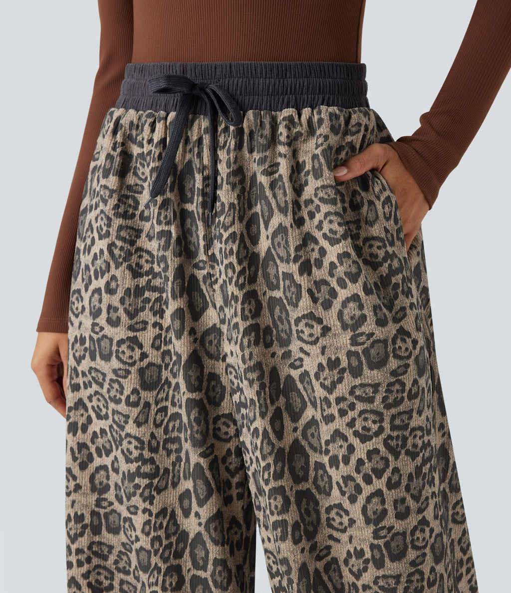 Pantalon baggy imprimé léopard taille haute avec cordon de serrage et poches