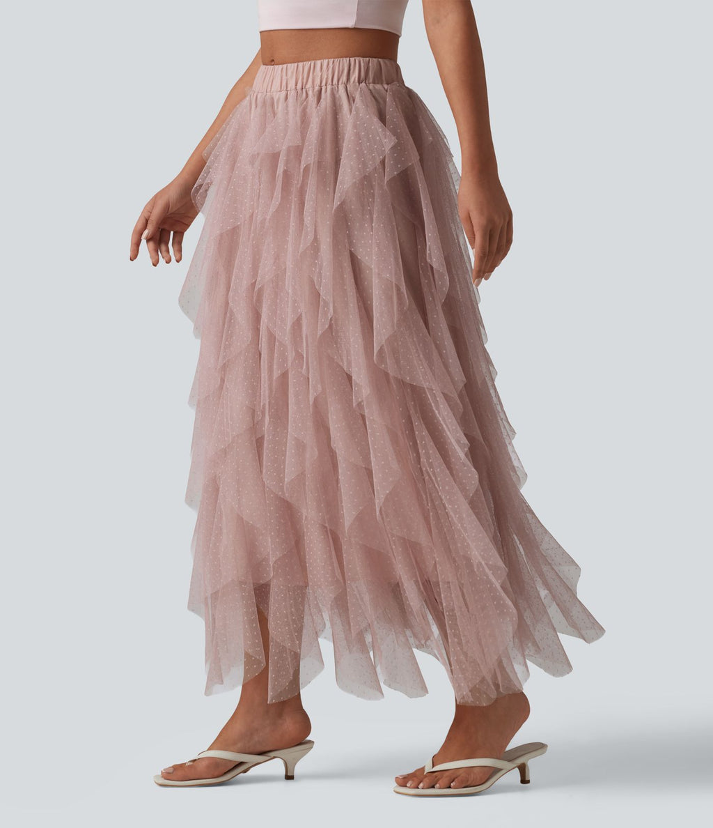 Jupe midi resort asymétrique à volants en maille taille mi-haute
