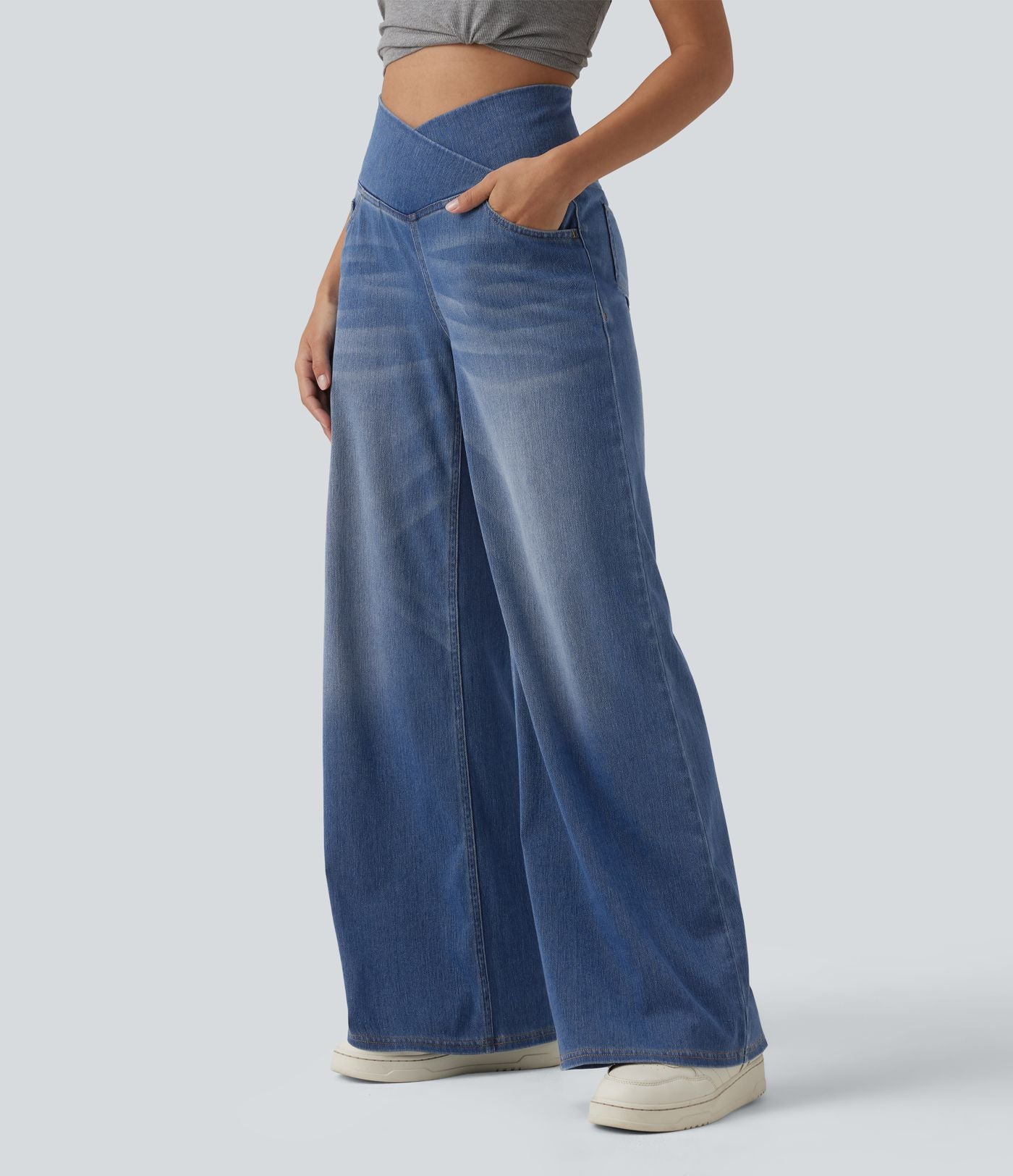 Halara Flex™ Jean large casual taille haute croisée ventre plat, avec poches