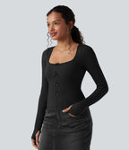 T-shirt casual push-up côtelé à col carré avec bonnets moulés, manches longues, passants pouces et nœud - Bonnet A/B