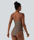 Maillot de bain une pièce col carré soutien-gorge intégré ventre plat cordon de serrage imprimé léopard