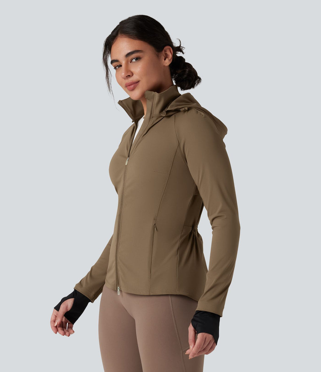 Veste randonnée capuche amovible double zip cordon de serrage avec trous pouces et poches