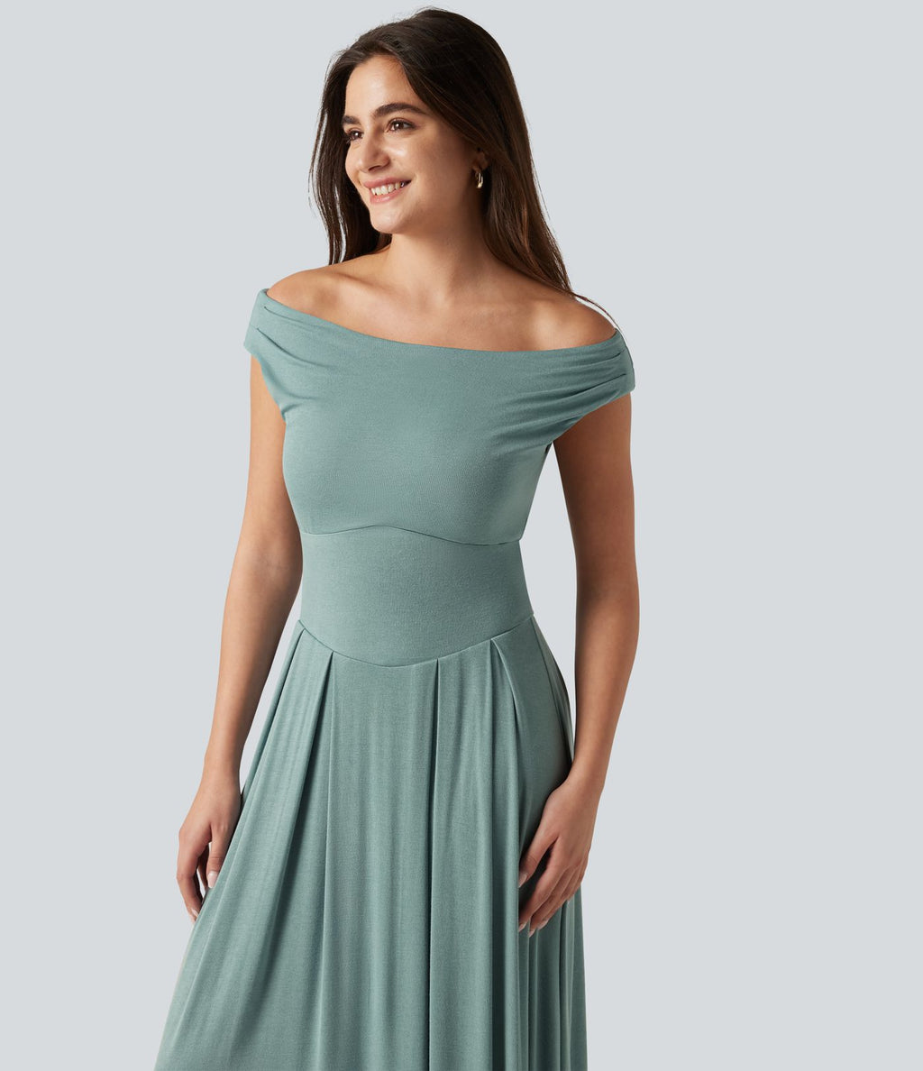 Robe midi casual fluide côtelée gainante à épaules dénudées