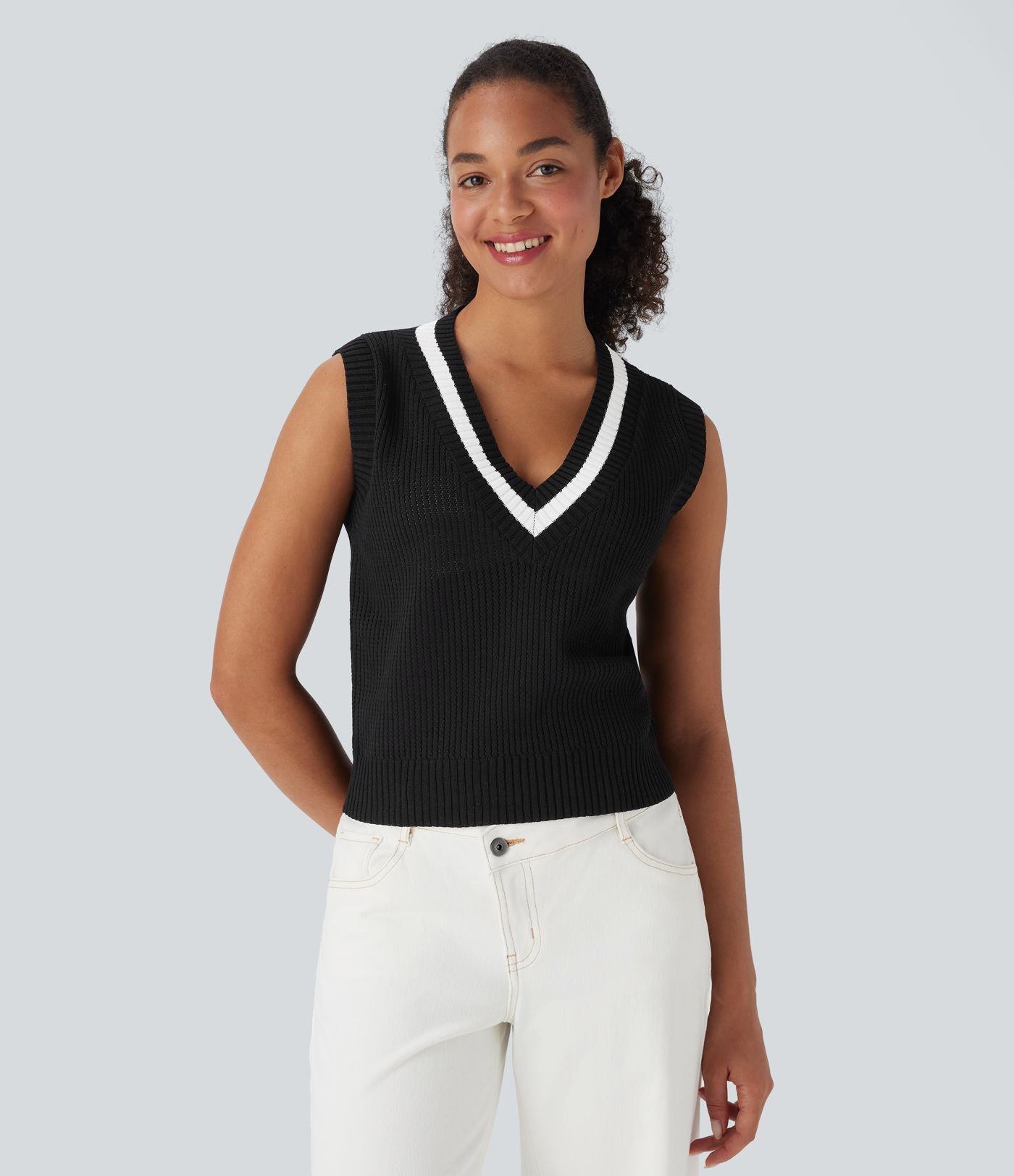 Gilet décontracté color block à col en V