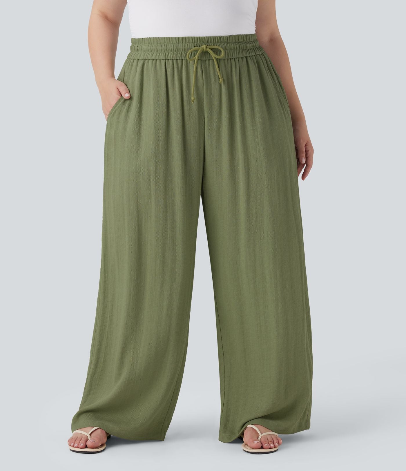 Pantalon décontracté grande taille large fluide taille haute effet lin avec cordon de serrage et poches