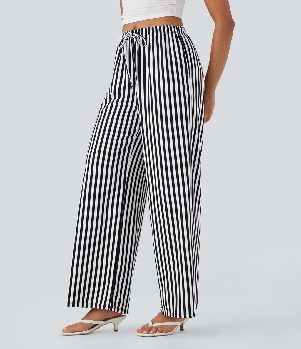 Pantalon de vacances jambes larges taille haute en tissu gaufré à rayures avec cordon de serrage et poches