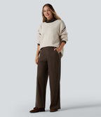 Pantalon décontracté droit en velours côtelé, taille haute, avec poches