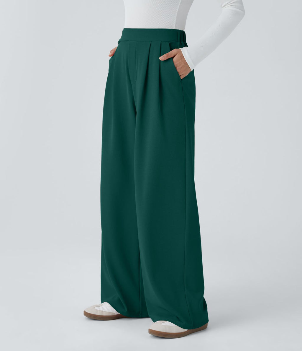 Pantalon taille haute décontracté large en maille gaufrée, avec poches