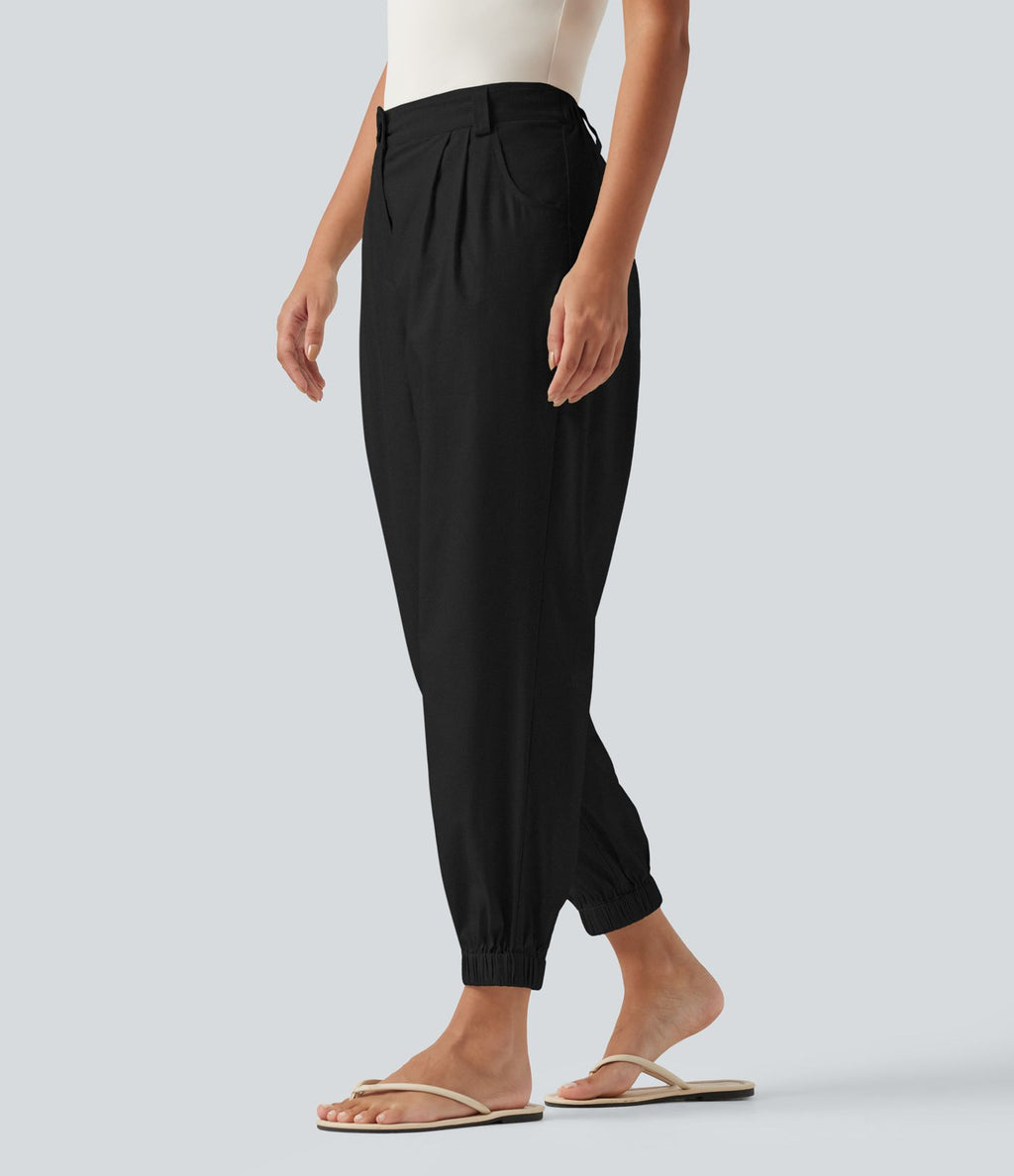 Pantalon jogging décontractée taille mi-haute en coton et lin avec poches