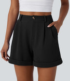 Short décontracté gaufré à taille haute, fermeture zippée, bouton et poches latérales