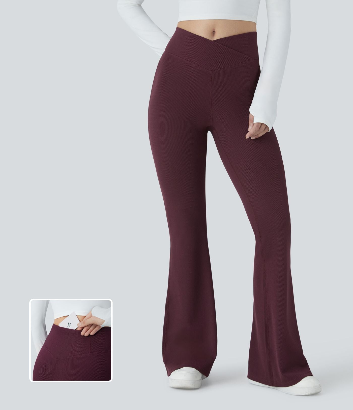 Pantalon décontracté évasé en maille gaufrée, taille haute, avec poches croisées