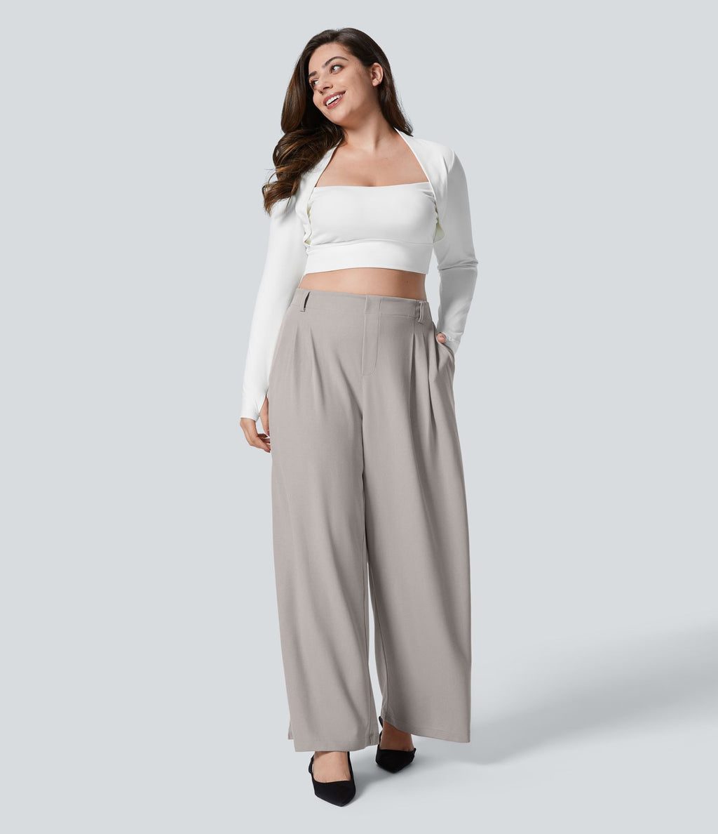Halara Flex™ Pantalon tailleur Grande taille à Taille Haute, Poches Latérales Plissées, Jambes Larges, en Tissu Gaufré