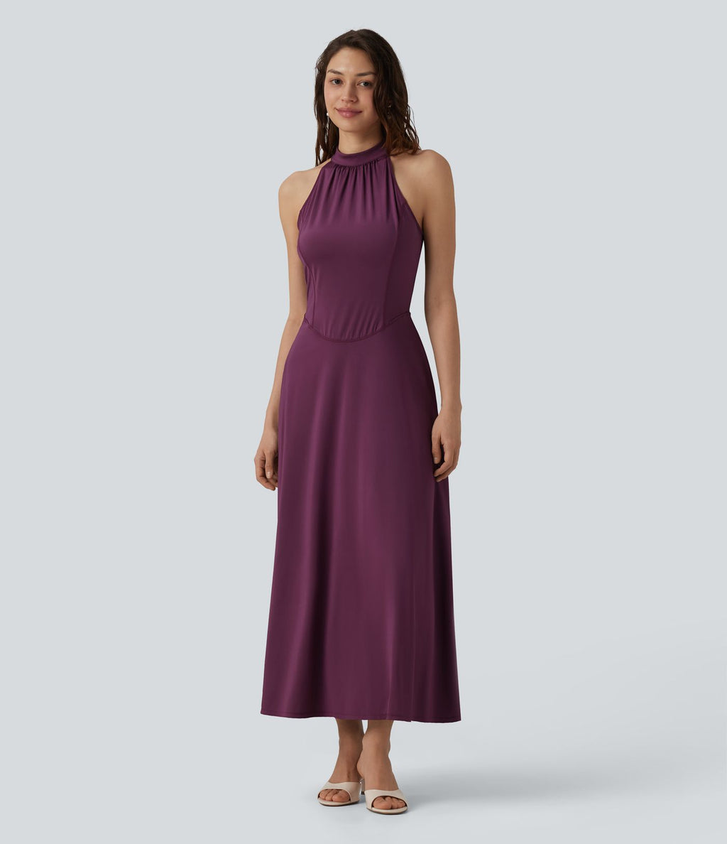 Robe midi fluide à col cheminée, sans manches, zip invisible, en satin extensible à effet frais InstantCool, idéale pour demoiselles d'honneur et invitées de mariage, avec poches