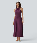 Robe midi fluide à col cheminée, sans manches, zip invisible, en satin extensible à effet frais InstantCool, idéale pour demoiselles d'honneur et invitées de mariage, avec poches