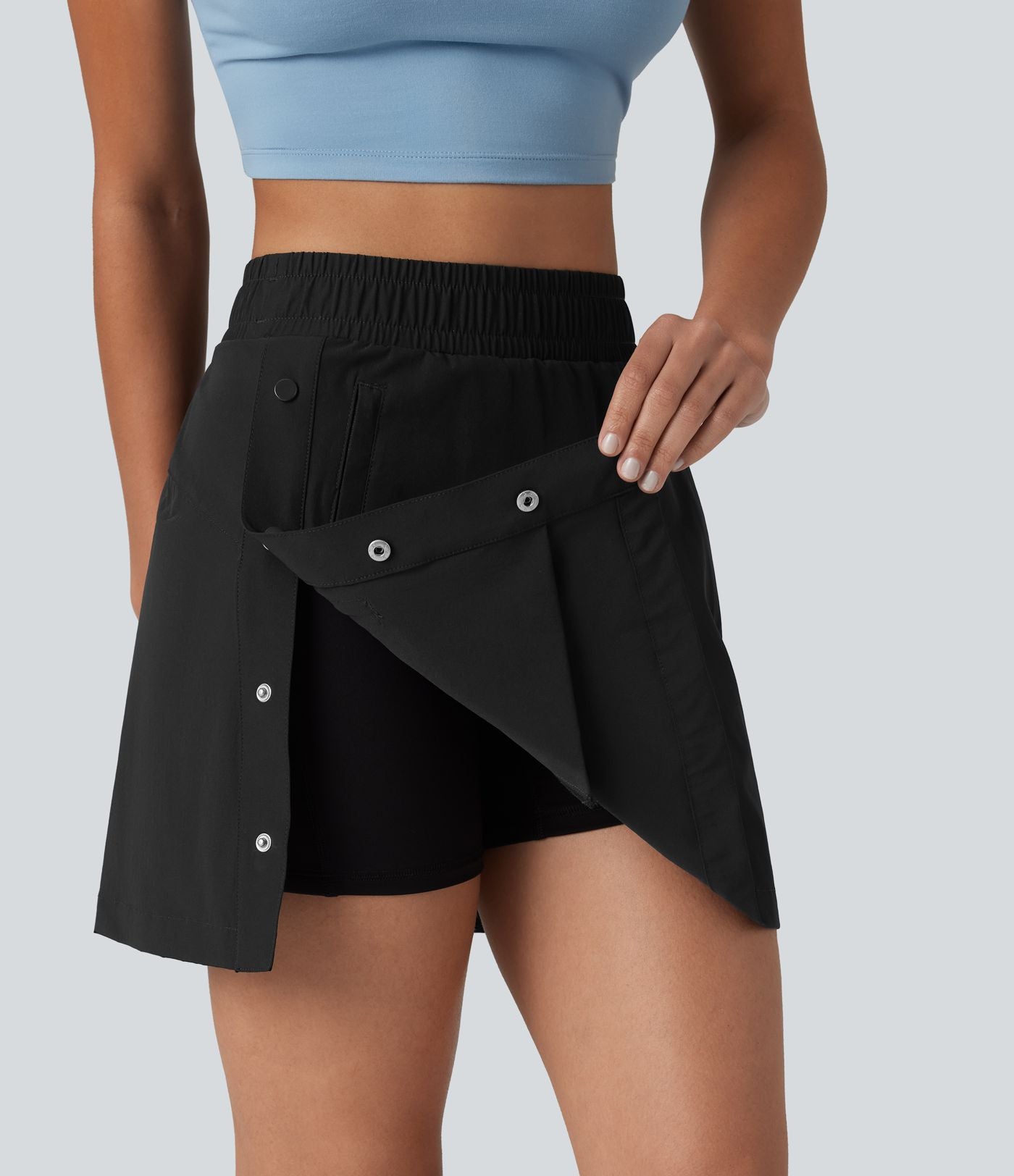 Jupe mini trapèze 2-en-1 taille haute avec boutons-pression et poches pour la randonnée