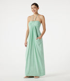 Robe maxi de plage à rayures col halter avec brassière intégrée, lien noué au dos et poches