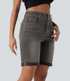 Bermuda décontracté en jean extensible délavé Halara Flex™ taille haute avec revers et multiples poches