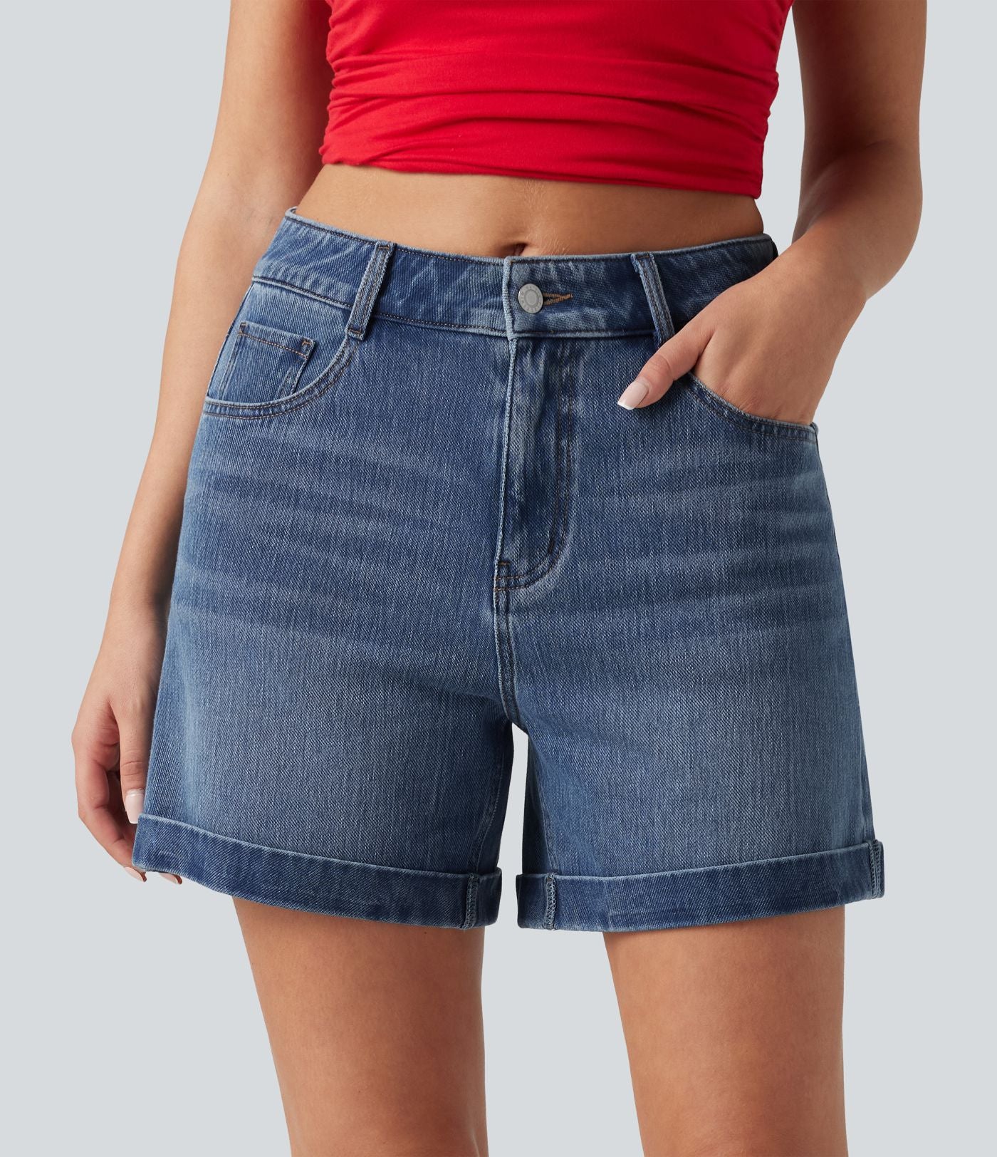 Halara Flex™ Short en denim taille mi-haute ourlet retroussé 12,5 cm avec poches