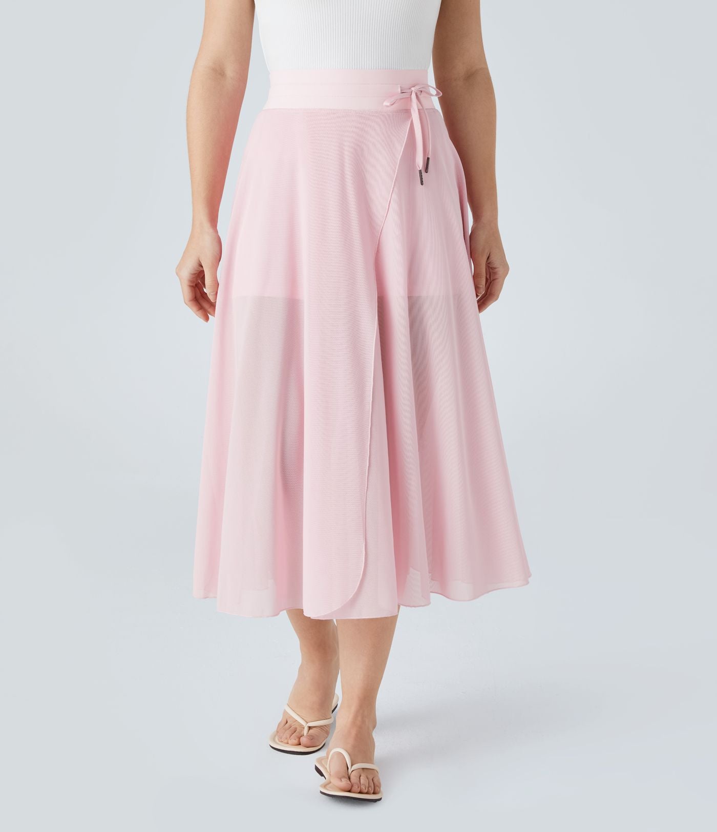 Jupe Casual Évasée Mesh Mi-Longue Fuide 2 en 1 Contrastée Taille Haute Cordon Poche Latérale