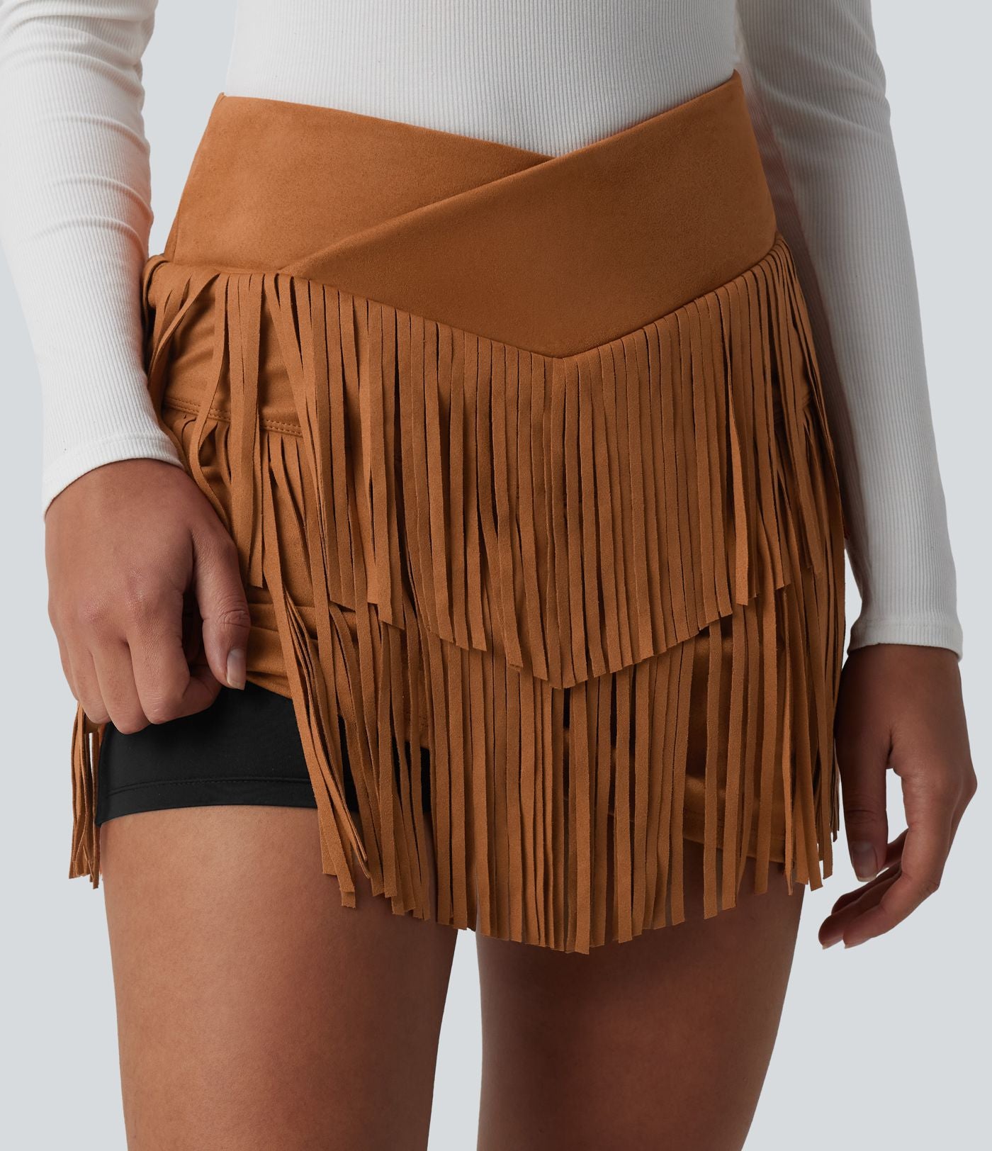 Jupe mini de soirée ajustée effet daim taille haute croisée 2-en-1 à franges