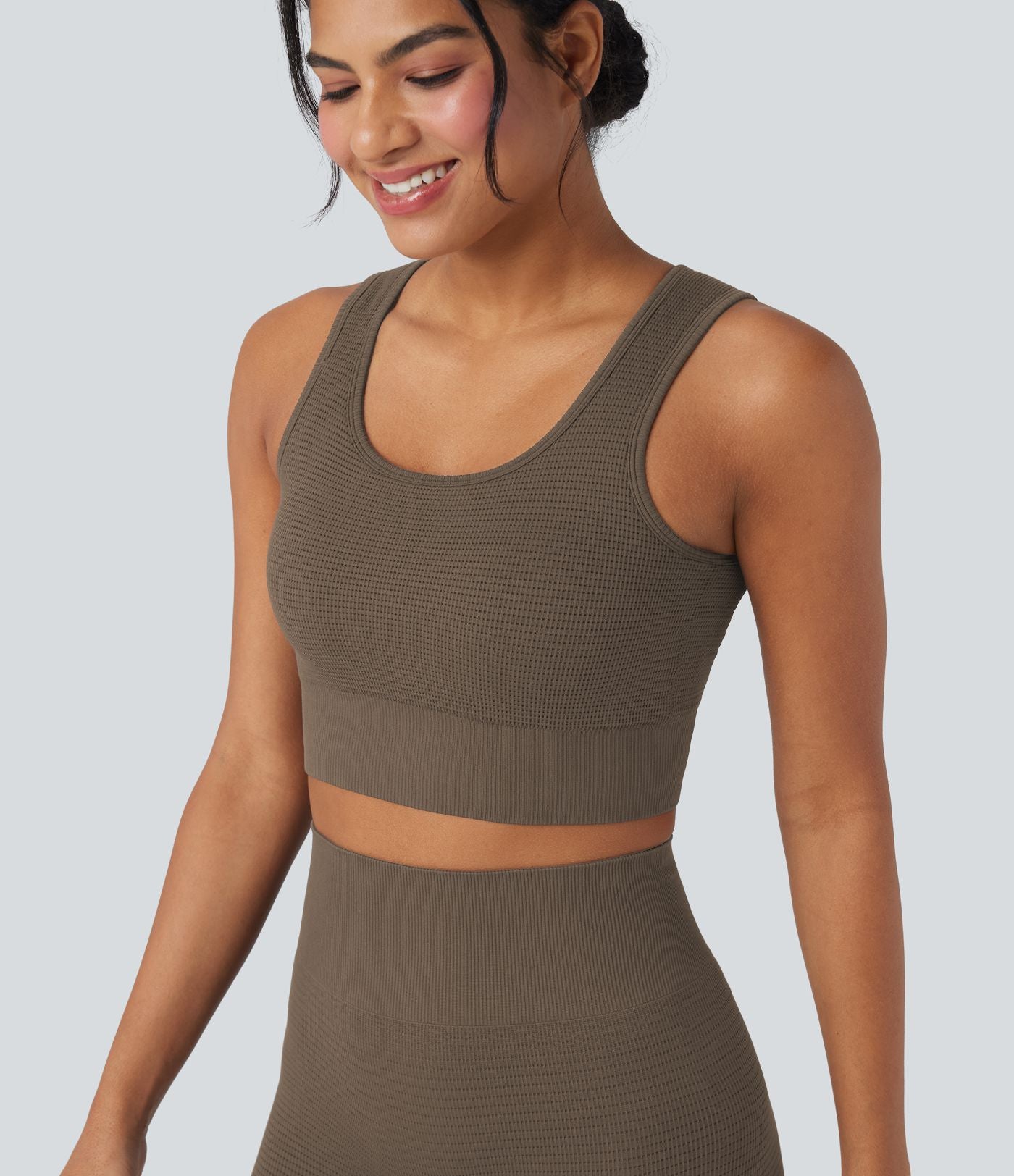 Brassière de sport yoga courte maintien léger col U en maille gaufrée sans couture OneForm Seamless Flow