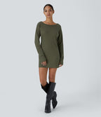 Robe Sweatshirt Casual Col Bateau Manches Raglan Avec Trous Pour Les Pouce Ourlet Fendu en Waffle