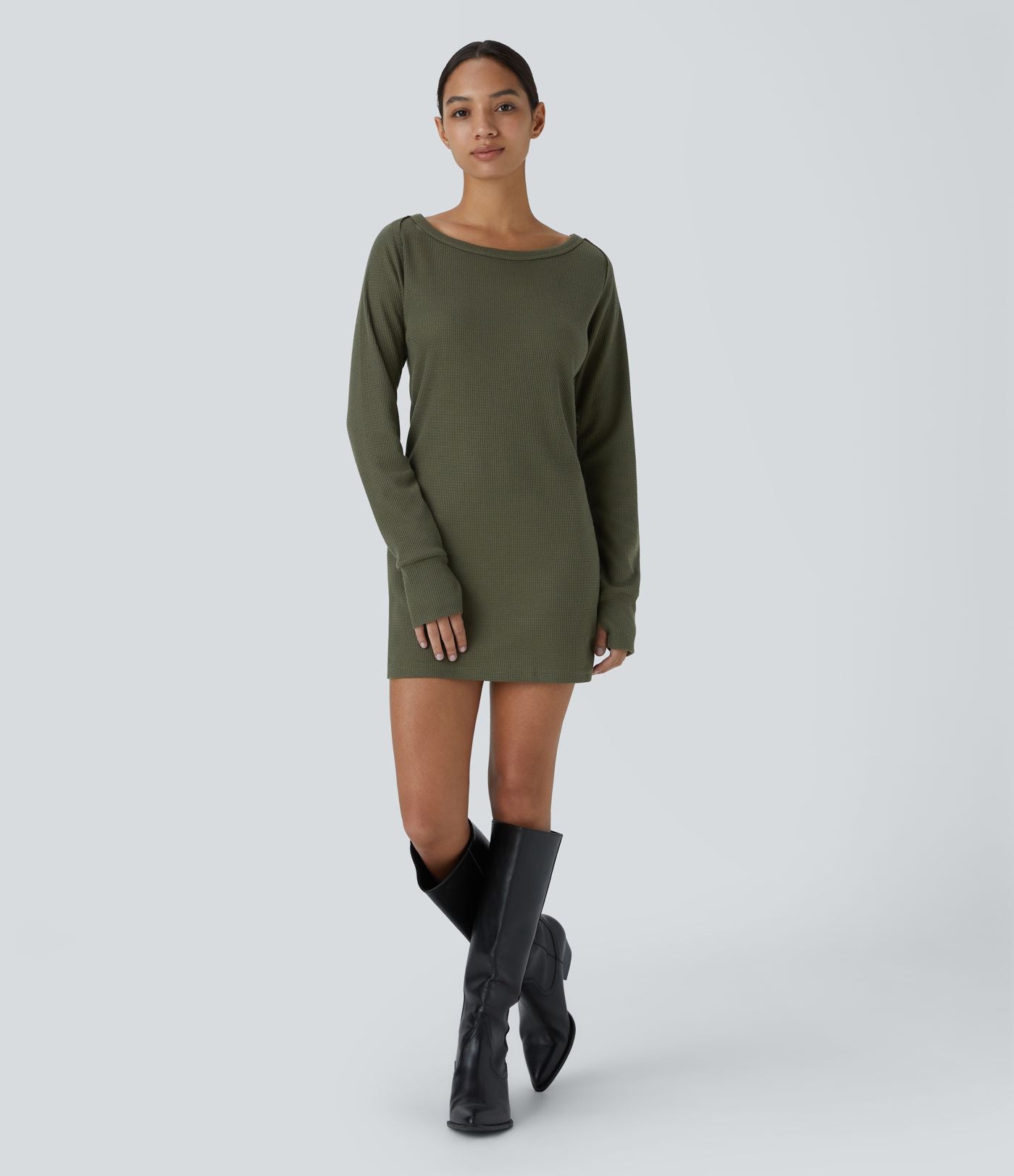 Robe Sweatshirt Casual Col Bateau Manches Raglan Avec Trous Pour Les Pouce Ourlet Fendu en Waffle