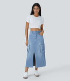Halara Flex™ Jupe en Jean longue cargo extensible, taille mi-haute, coupe évasée, avec boutons, fermeture éclair, poches multiples et fente