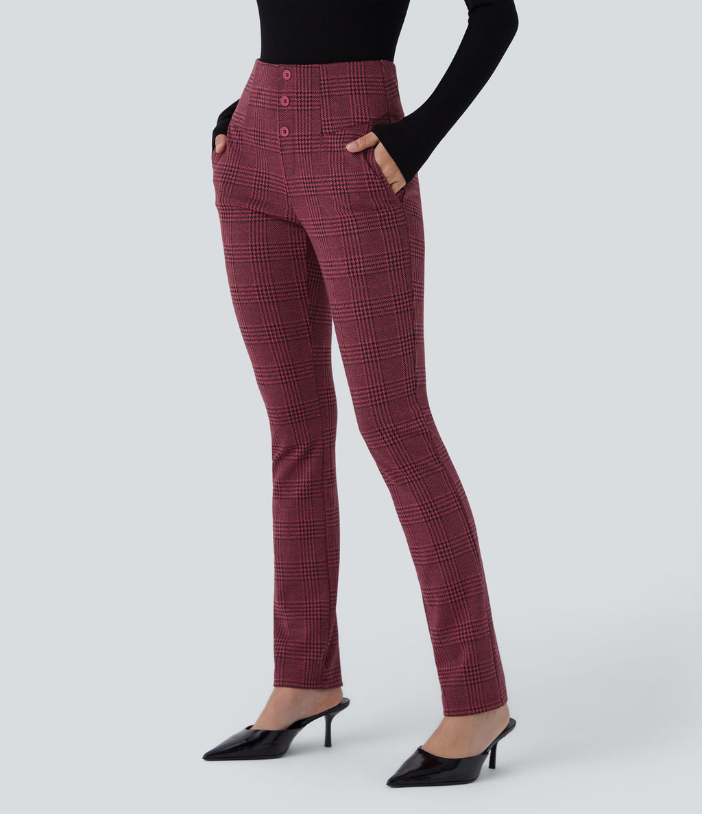 Halara Flex™ Pantalon tailleur Cintrés à Taille Haute avec Boutons Décoratifs Poches Latérales et Imprimé Pied-de-Poule