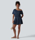 Combishort casual asymétrique manches courtes plissé en nid d'abeille avec poches - Édition Easy Peasy