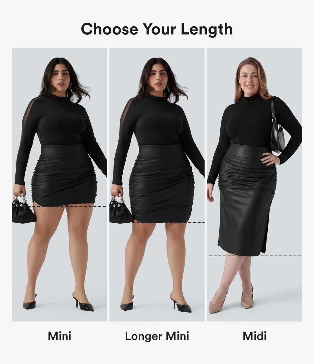 Jupe midi décontractée grande taille 2 en 1 taille haute ventre plat froncée ourlet arrondi en polaire simili cuir