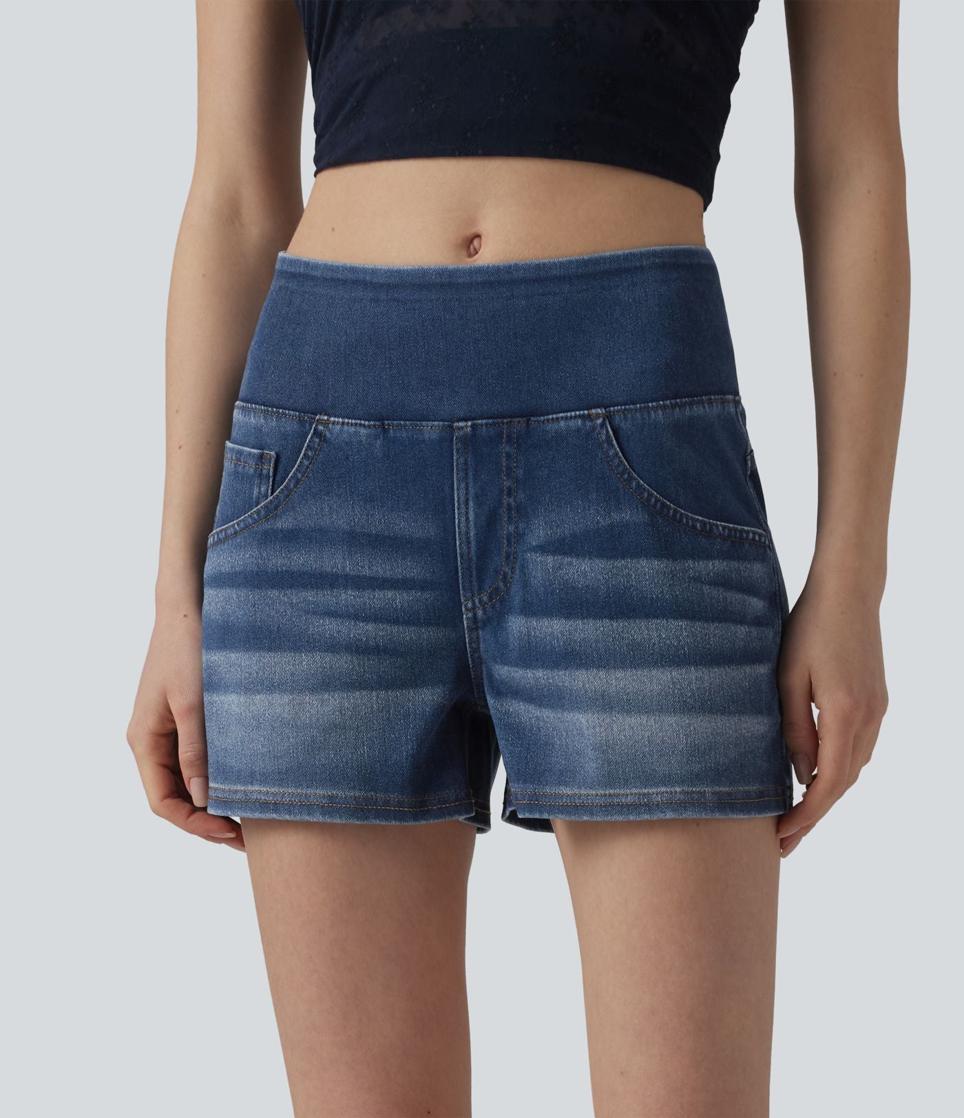 Halara Flex™ Short décontracté en denim lyocell délavé taille mi-haute drapé 9 cm avec poches