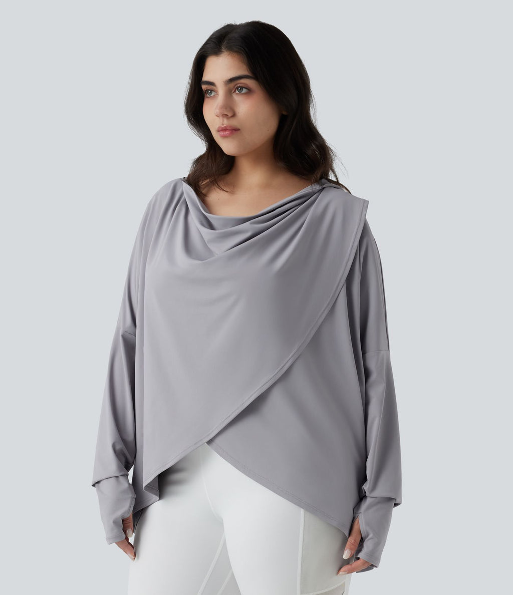Top de sport yoga grande taille à capuche, col drapé, manches longues avec passants pouces et poches