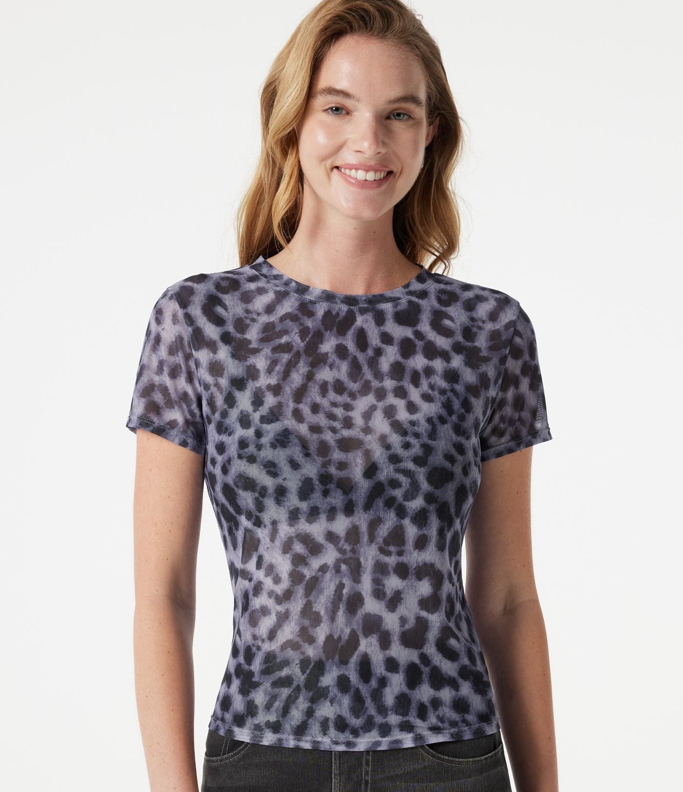 T-shirt décontracté col rond manches courtes imprimé léopard
