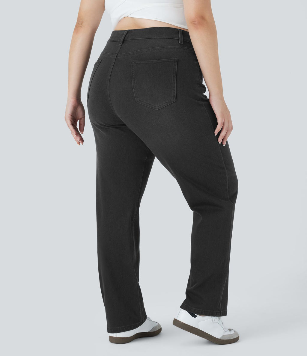 Jean décontracté Halara Flex™ grande taille, taille haute, multiples poches, jambes droites, effet délavé, en maille extensible