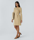 Robe de travail mini ajustée col rond à épaulettes à manches longues et ourlet