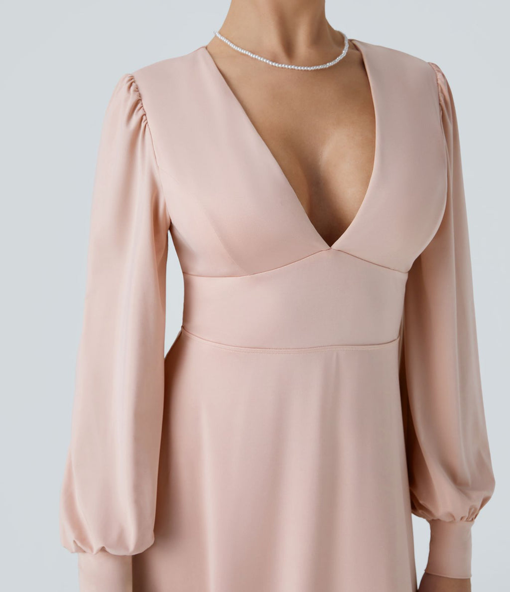 Robe longue de demoiselle d'honneur et invitée de mariage, col V, dos nu, liens à nouer, boutons et manches évasées