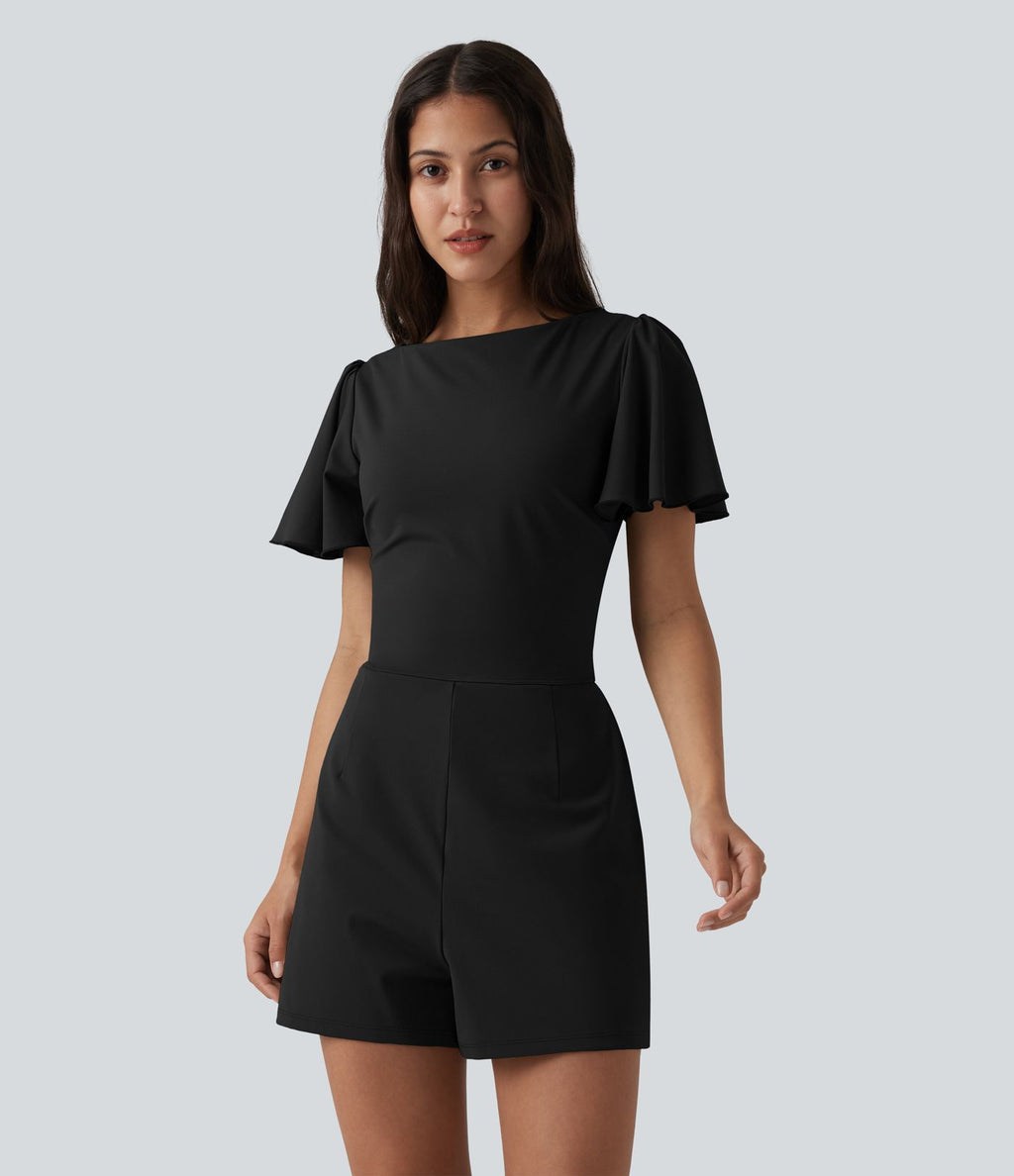 Combishort décontracté SoftlyZero™ Airy à volants manches courtes avec nœud au dos et effet frais InstantCool avec poches, accès facile Easy Peasy