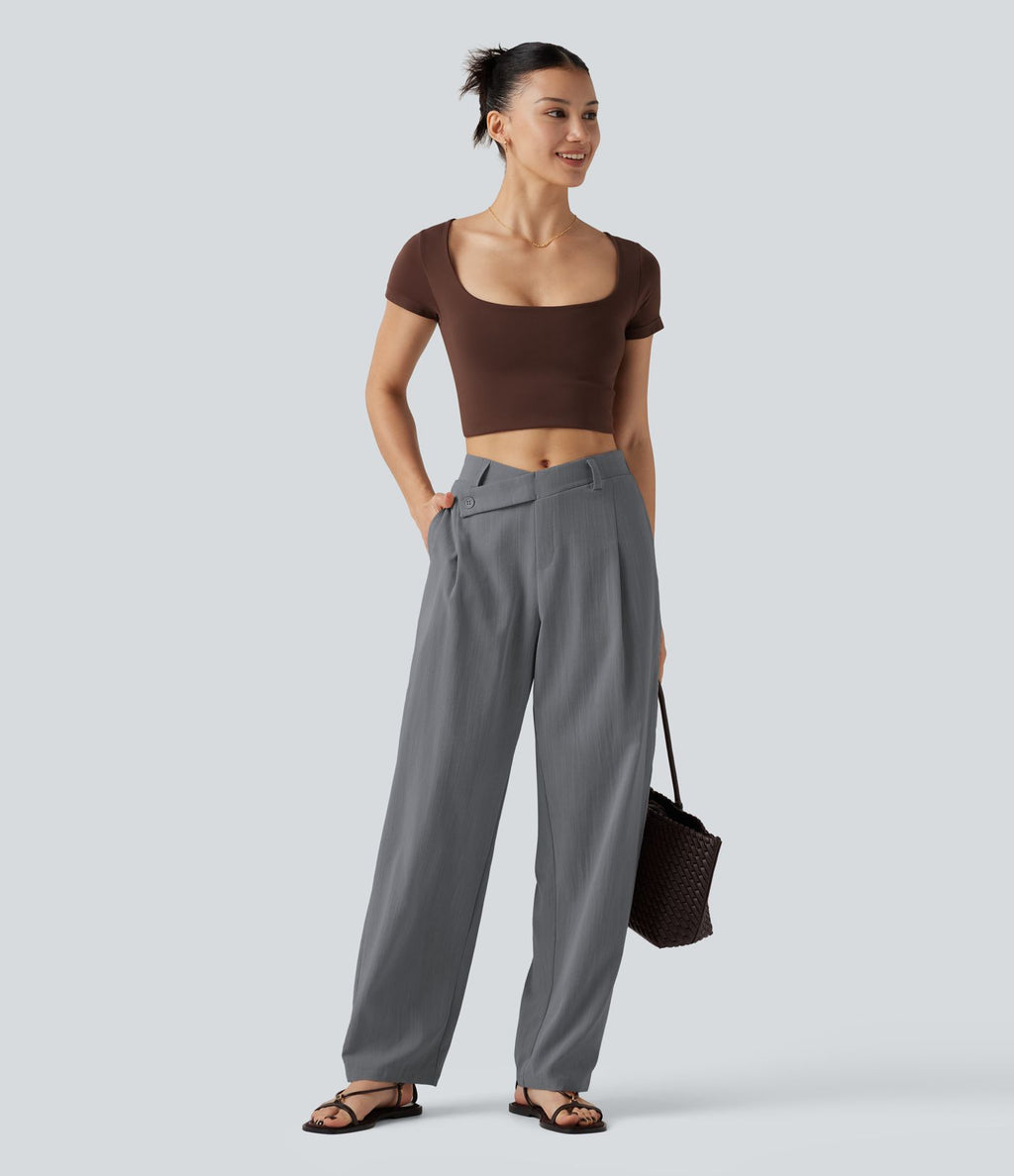 Pantalon tailleur asymétrique effet lin, taille moyenne, coupe ballon, à poches