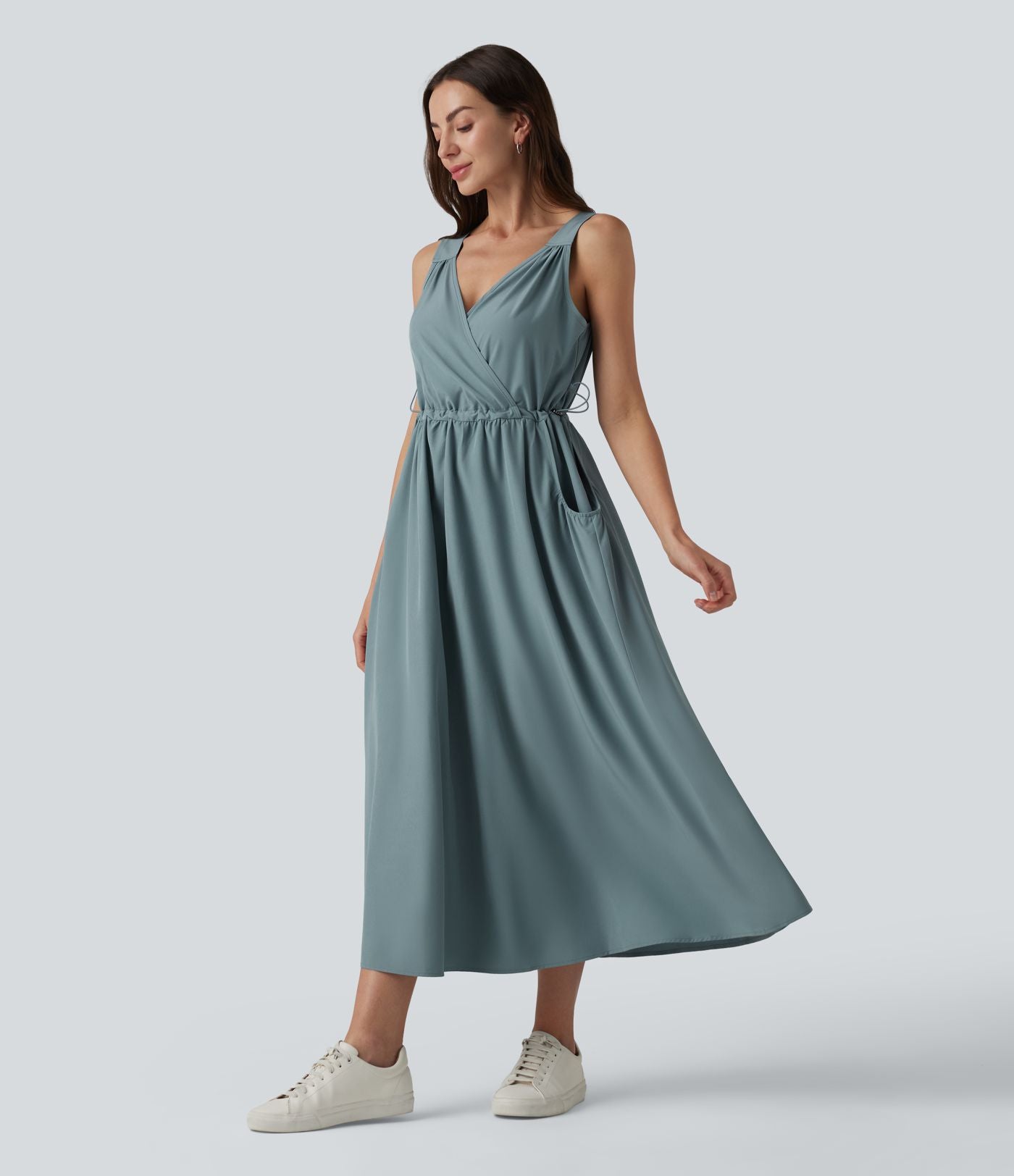 Robe casual midi sans manches à col en V avec poches