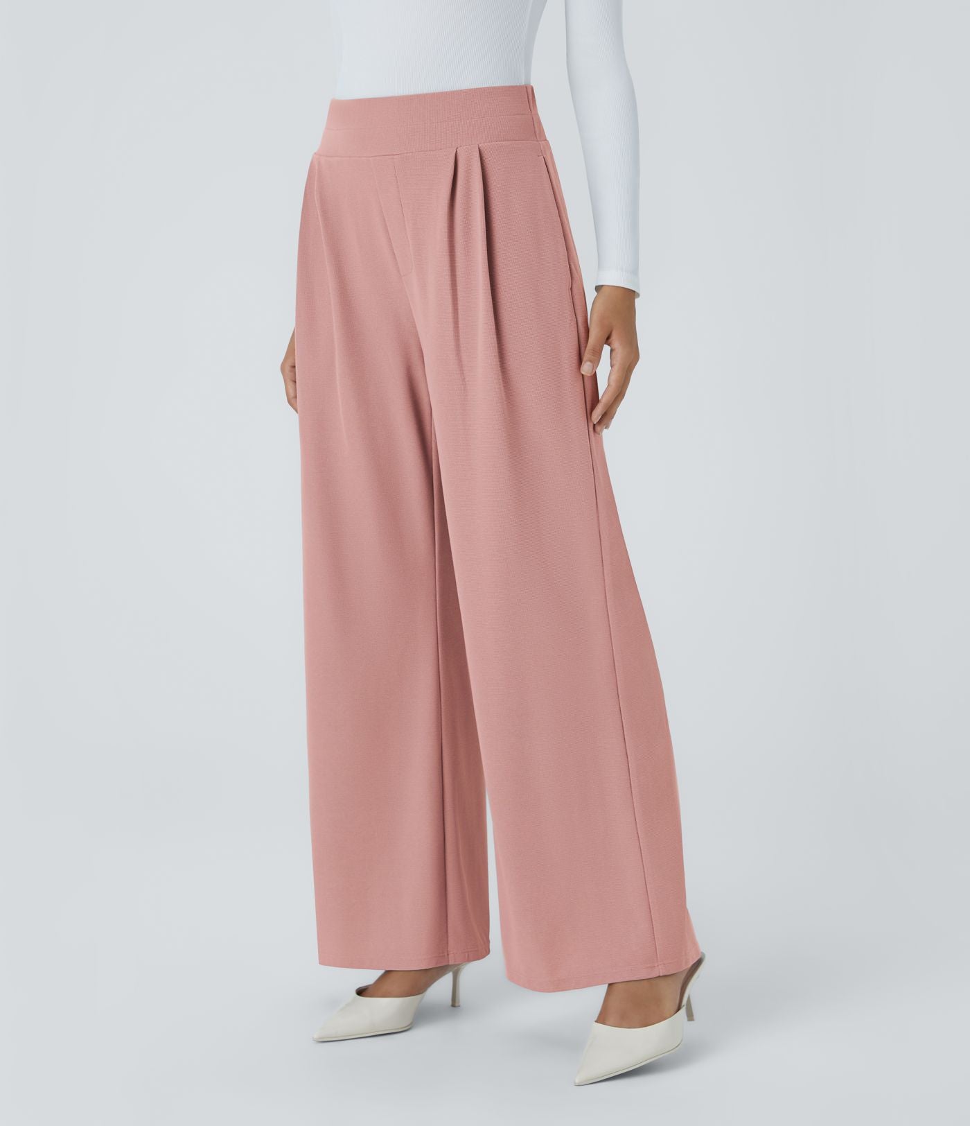 Halara Flex™ Pantalon Tailleur en Tissu Gaufré Taille Haute avec Large Ceinture Plis Poches Latérales Jambes Larges