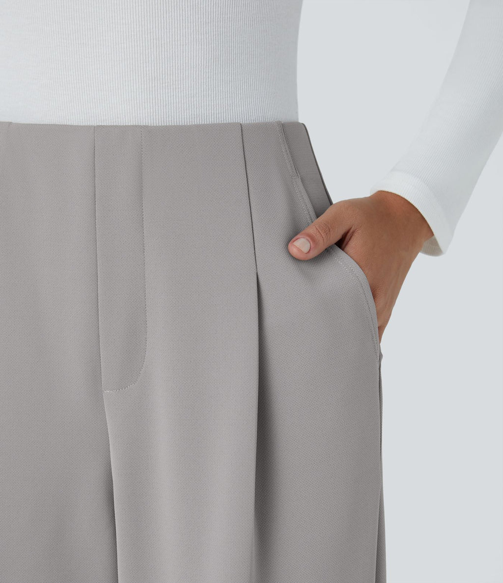 Pantalon décontracté barrel droit en crêpe, taille haute, avec poches