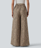 Pantalon casual large imprimé léopard taille haute avec nœud devant et poches