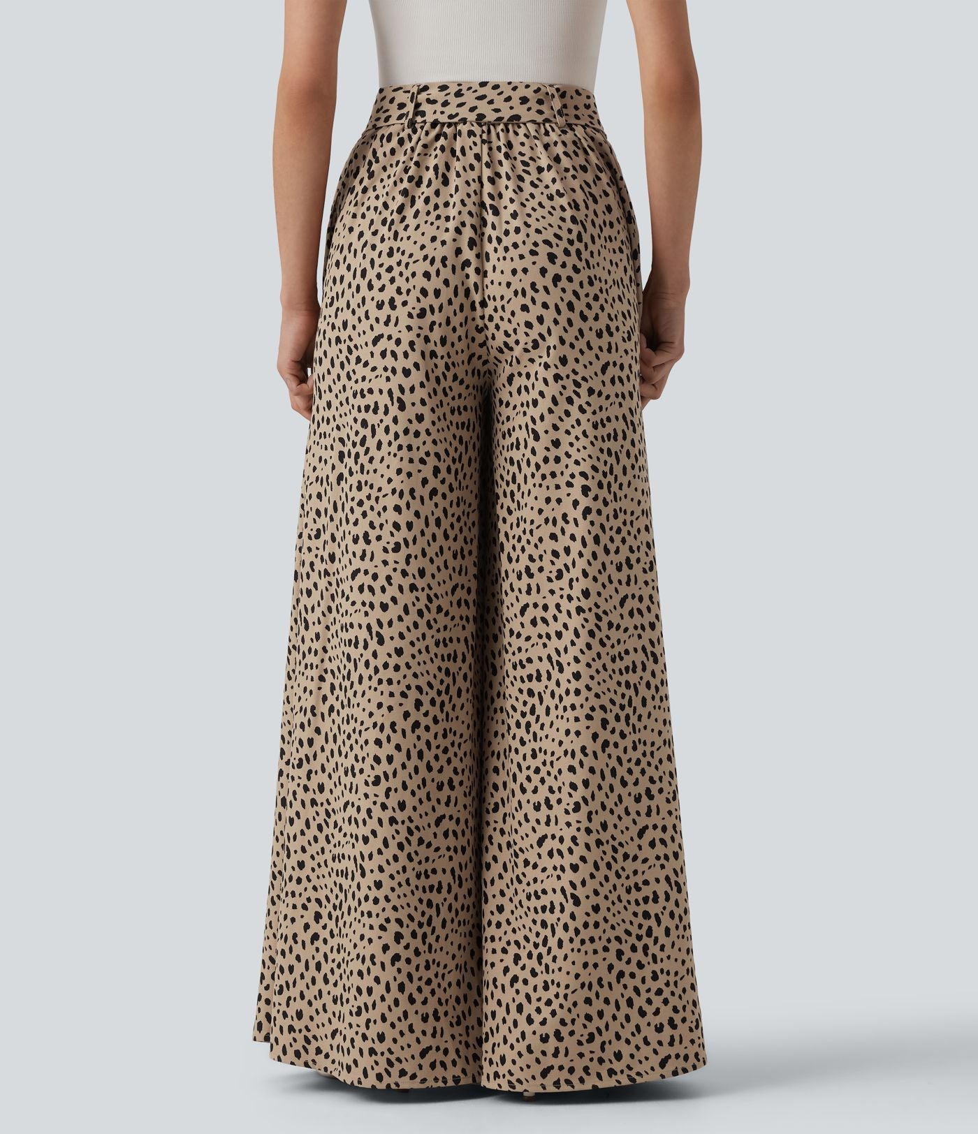Pantalon casual large imprimé léopard taille haute avec nœud devant et poches