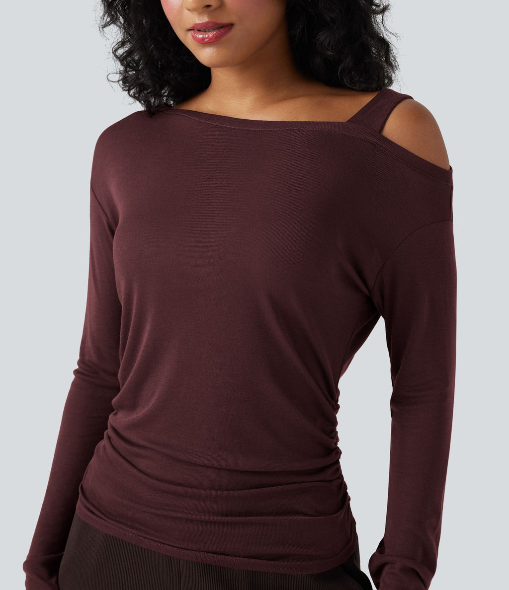 T-shirt décontracté asymétrique en mélange de laine à une épaule et manches longues