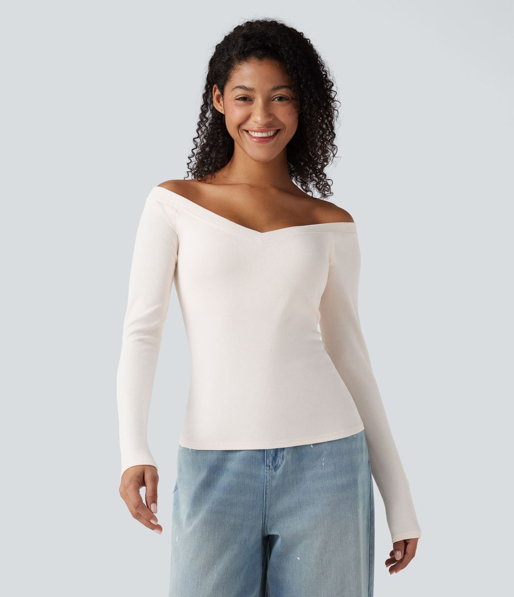 Top casual push-up côtelé épaules dénudées à manches longues - Bonnet A/B
